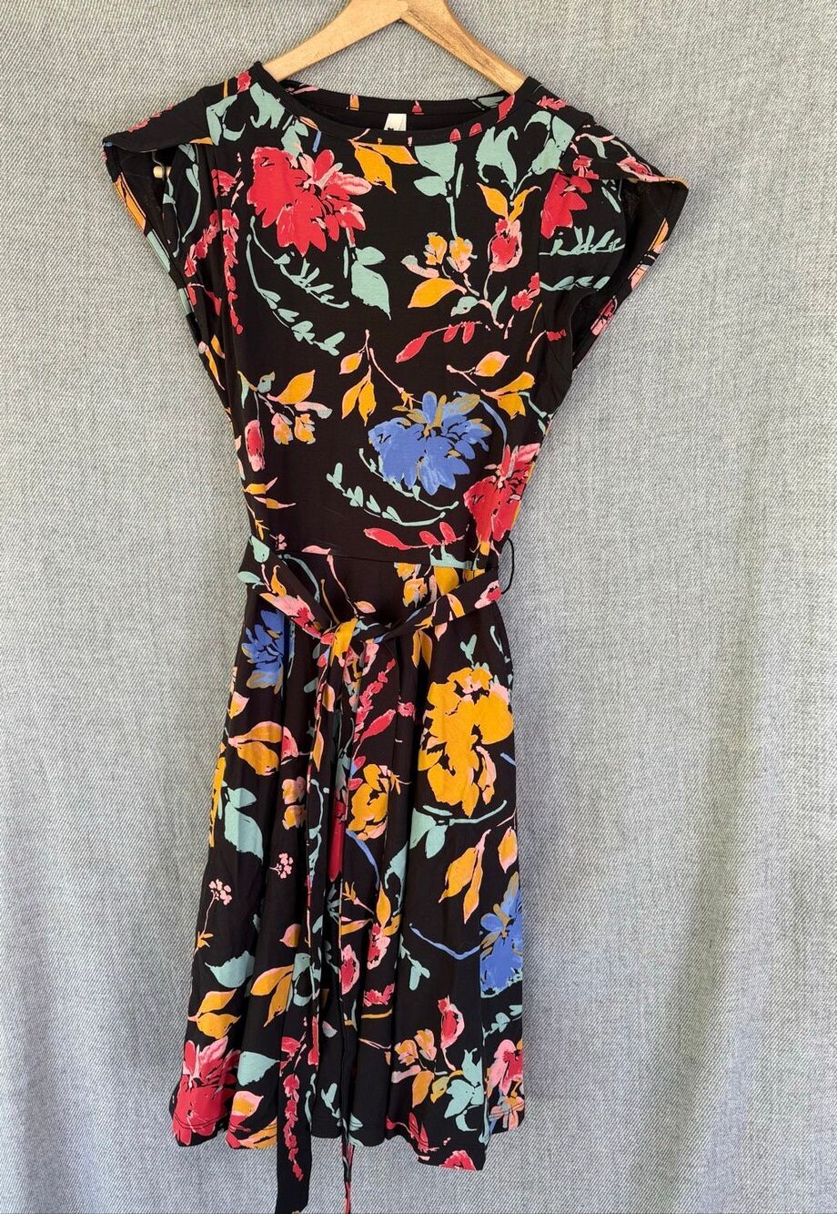 Pact Organic Cotton Floral Tie Waist Dress Black Multicolor Size S